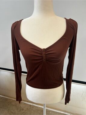 Sunday Best Chocolate Brown Ruched Henley Long Sleeve Top